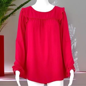 Ann Taylor LOFT Ruffle Shoulder Georgette Blouse Long Sleeve Red Lightweight